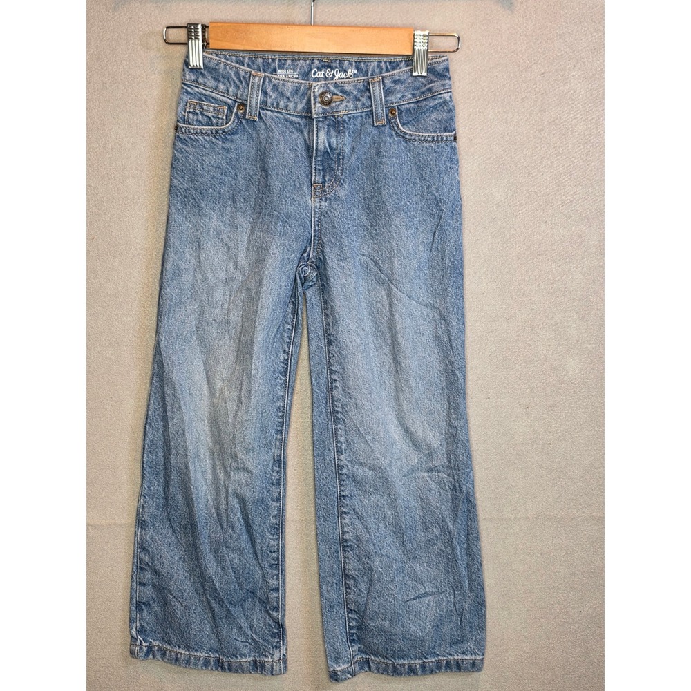 Cat & Jack Girls Wide Leg Jeans Light Wash Blue Denim Size 7 Distressed Look